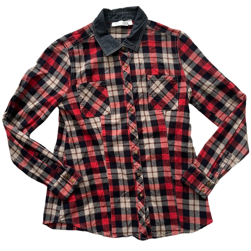 Retro Plaid and Denim Snap Button Front Flannel Long Sleeved Shirt